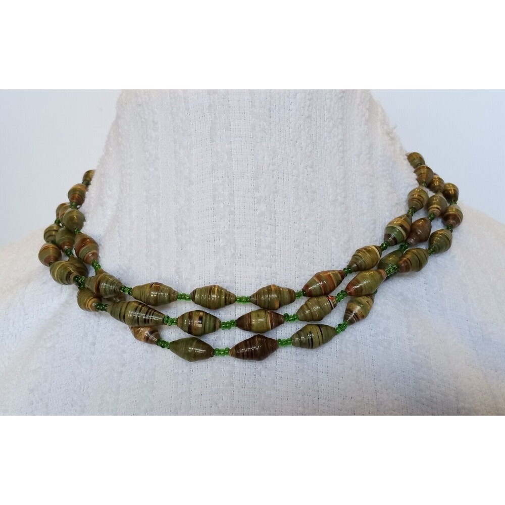 Handmade Coated Olive Green Paper Bead & Seed Bead Layered Necklace